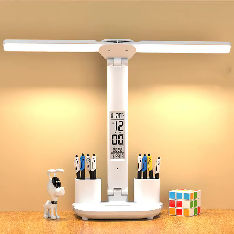 LED horloge lampe de Table USB rechargeable lampe de bureau à intensité variable 2 têtes 180 rotatio