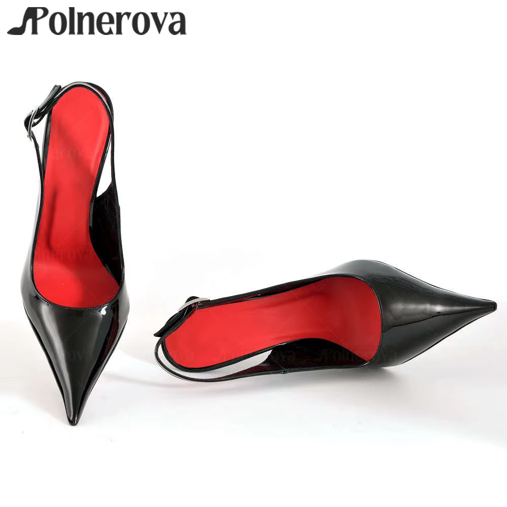 Escarpins Slingback en cuir verni noir, bout pointu, talons hauts Sexy, escarpins de Style à la mode