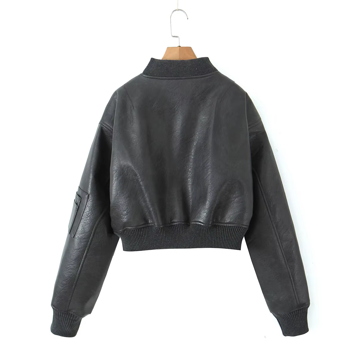 Y2K-Blouson en Cuir PU pour Femme, Col en V Côtelé, Manches sulf, Fermeture Éclair, Manteau Matelass