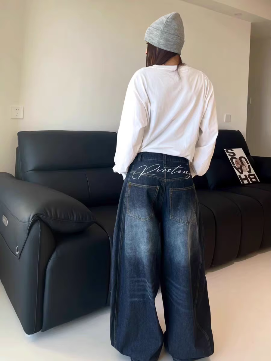 Jeans amples décontractés pour femmes Y2K, bleu délavé, style vintage, pantalon cargo à jambes large