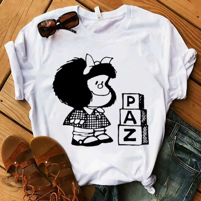 Mafalda-T-Shirt à manches courtes pour femme, streetwear décontracté, col rond, blanc, dessin animé