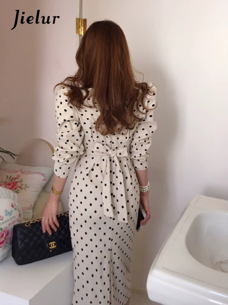 Jielur-Robe en velours côtelé vintage élégante à pois pour femmes, robes mi-longues coréennes à manc
