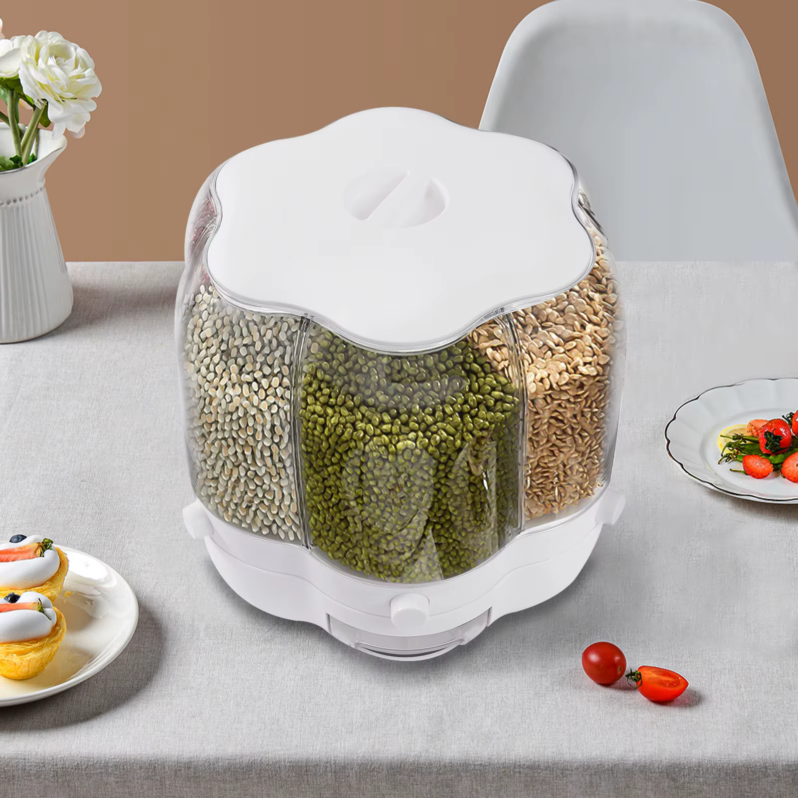 Distributeur Rotatif de Riz à 6 Grilles, Récipient de Rangement pour Grains Entiers, avec Couvercle,