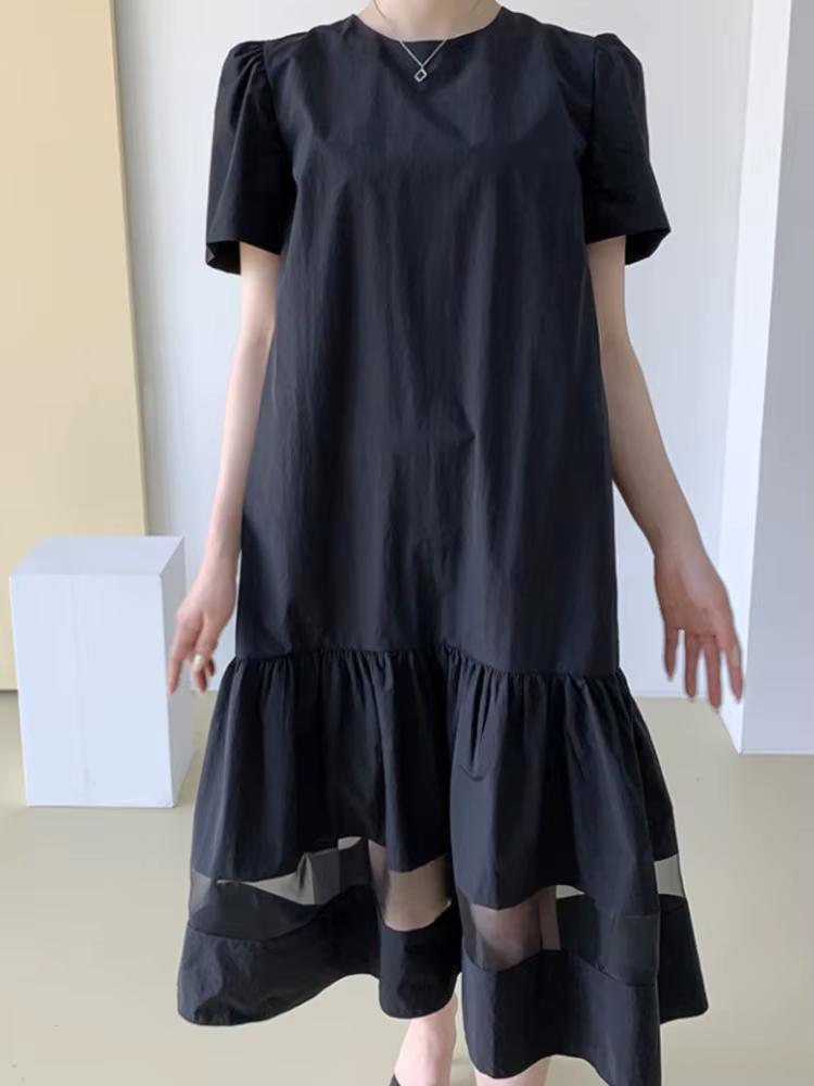 Robe mi-longue en dentelle noire pour femmes, pull plissé à volants, robes de bureau décontractées p