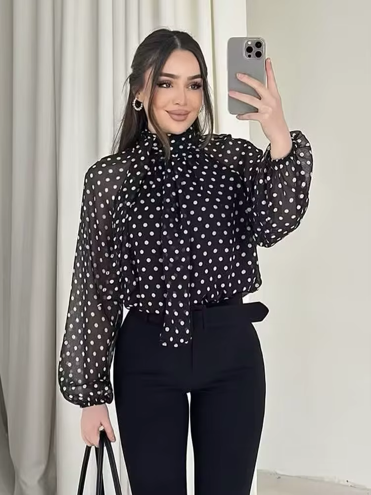 Femmes à pois imprimé Blouse décontracté col haut à manches longues dame haut Simple femmes Blouse f