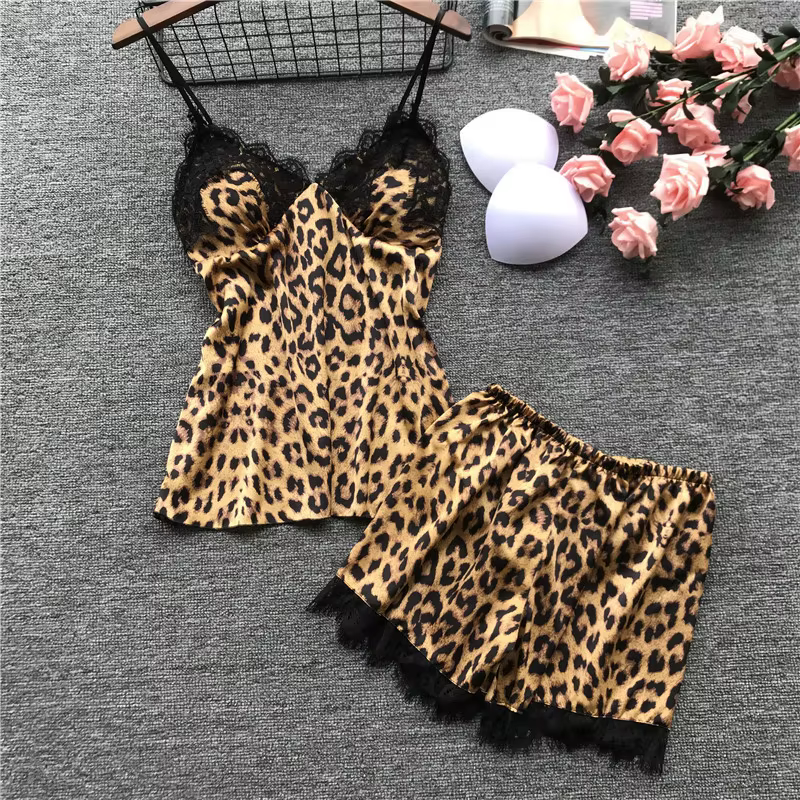 Ensemble pyjama sexy imprimé léopard pour femme, caraco et short, avec dentelle, tenue de nuit tenda
