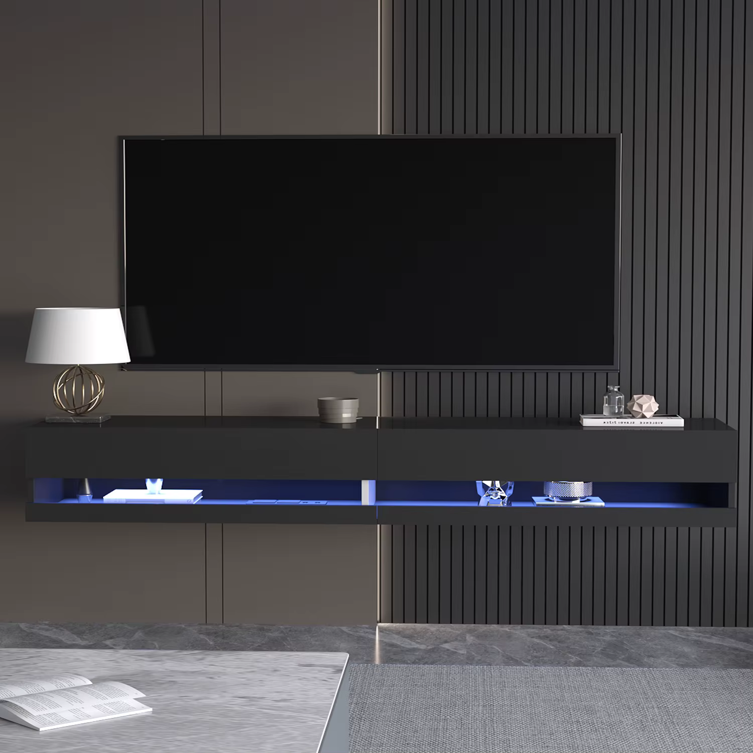 Support TV flottant pour TV 75/80 ", support TV mural LED avec prises de courant, console multimédia