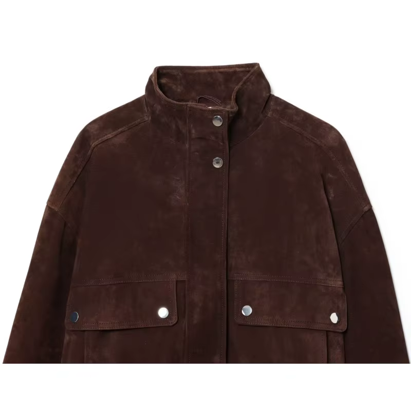 Femmes veste en cuir suédé avec poches automne mode col haut à manches longues bouton veste dame man