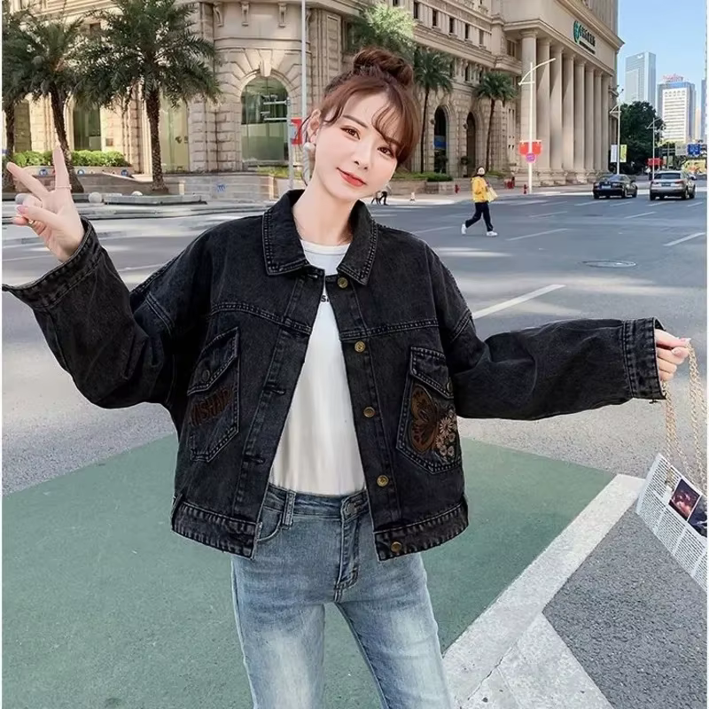 Veste en jean décontractée pour femme, papillon, fleur, lettre brodée, manteau en coton, bouton d'ex