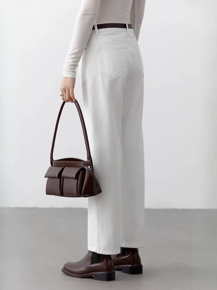 CHIC VEN femmes pantalon blanc mince taille haute coton jambe droite décontracté jambe mince jean fi