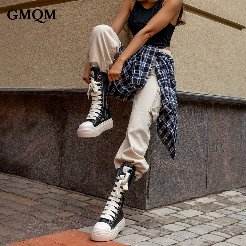 GMQM femmes bottes hautes à lacets fermeture éclair talons hauts noir plate-forme bottes bout rond s