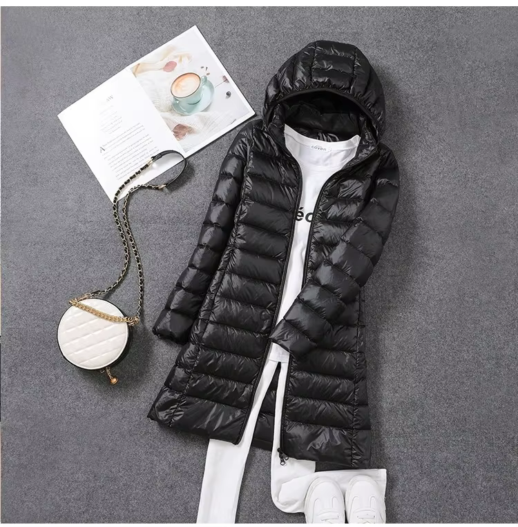 Veste de printemps ultralégère et fine pour femme, longue, pliable, chapeau détachable, jupe cintrée