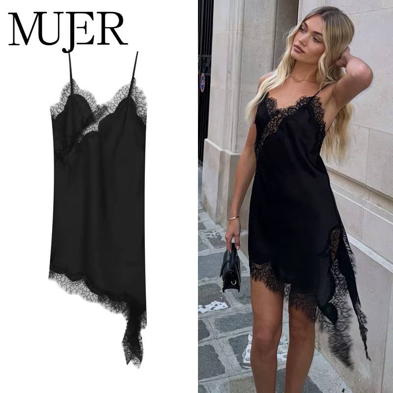 MUJER 2025 dentelle robe femme noir dos nu robes courtes pour les femmes asymétrique fête femmes rob