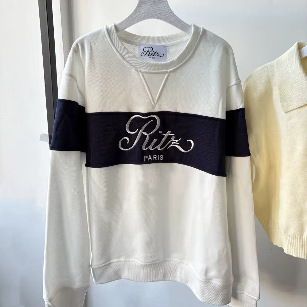 Ritz Paris 2026 – pull à col rond brodé, blanc, bleu foncé, coupe ample, sweat à capuche pour femme,