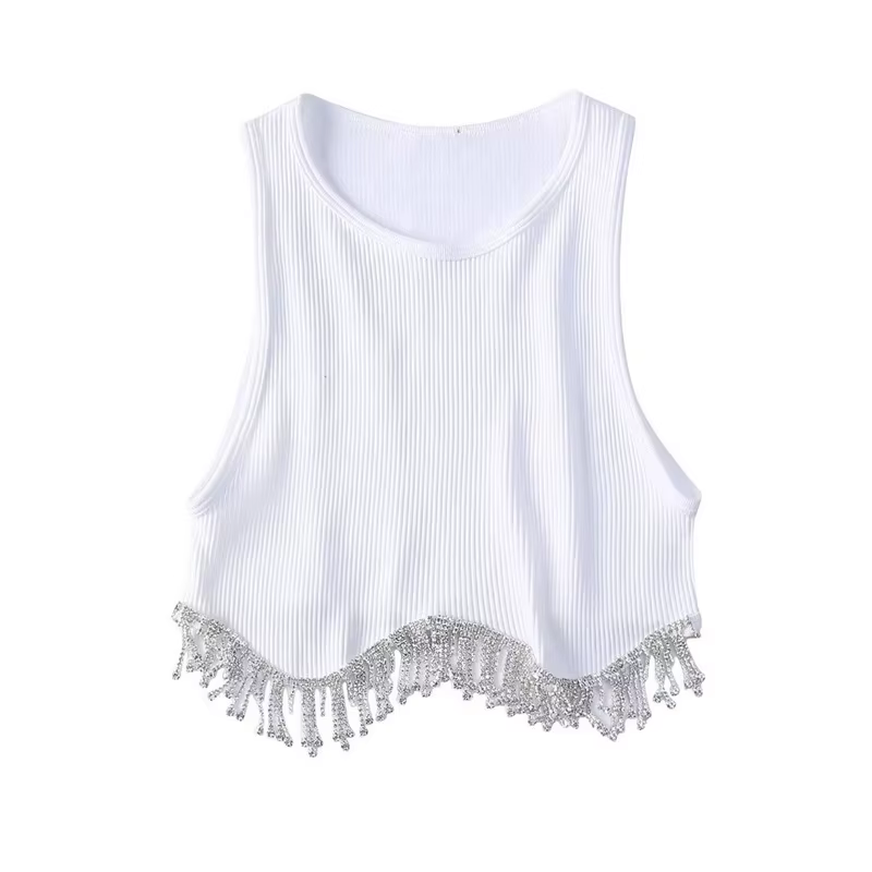 T-shirt à tricoter en perles de diamant pour femmes, débardeurs courts Chic Camis, gilet mince, haut