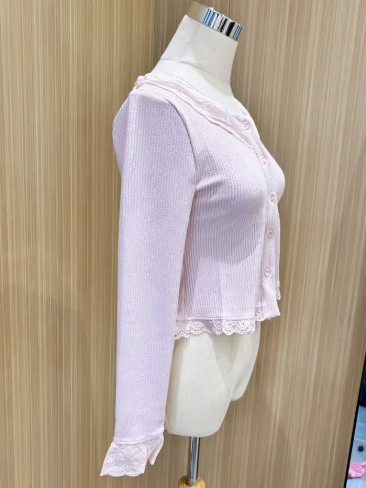Chemisier Lolita en dentelle pour femme, tricot, coréen, élégant, manches longues, japonais, décontr