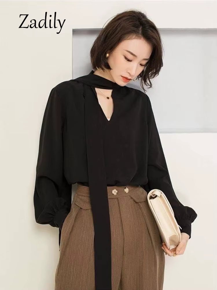 Dignily-Chemisier noir en mousseline de soie pour femme, chemise à manches longues, col en V, vêteme