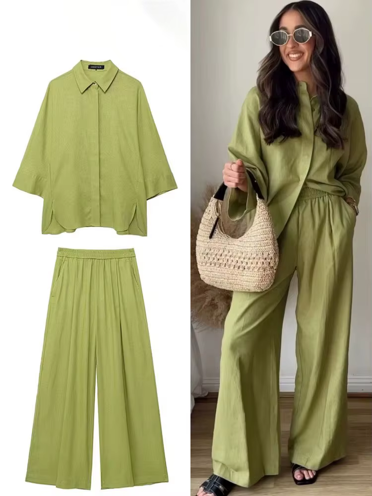 HH femmes décontracté solide Blouse pantalon ensembles ample à manches longues revers chemises taill