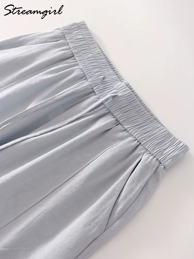 Pantalon d'été en coton pour femmes, coupe large, bleu, avec bande élastique, jambe droite, blanc, a