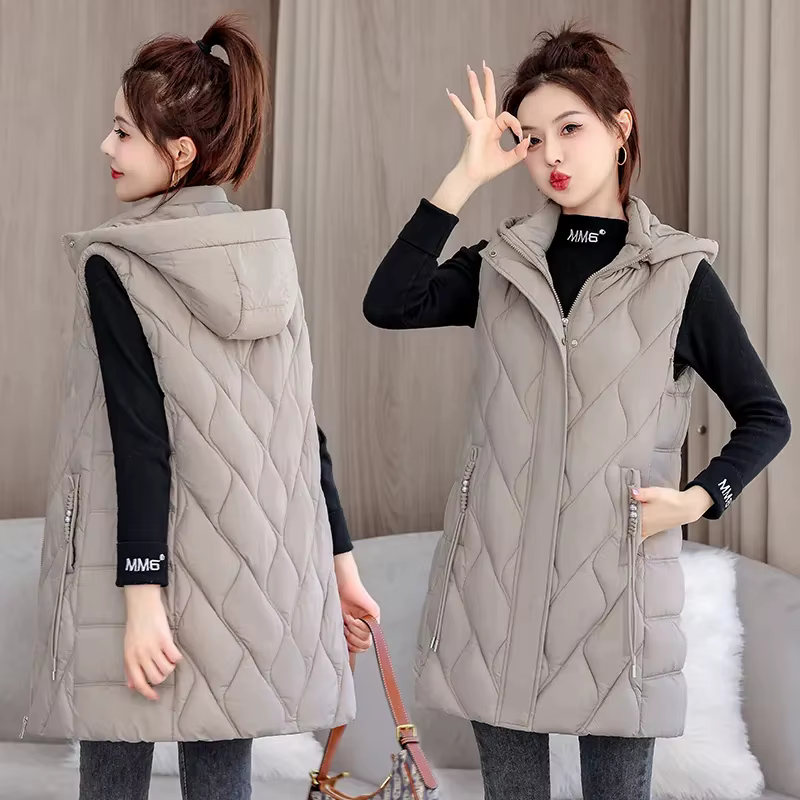 2025 automne hiver mi-long vers le bas coton veste femmes gilet manteau à capuche gilet décontracté 