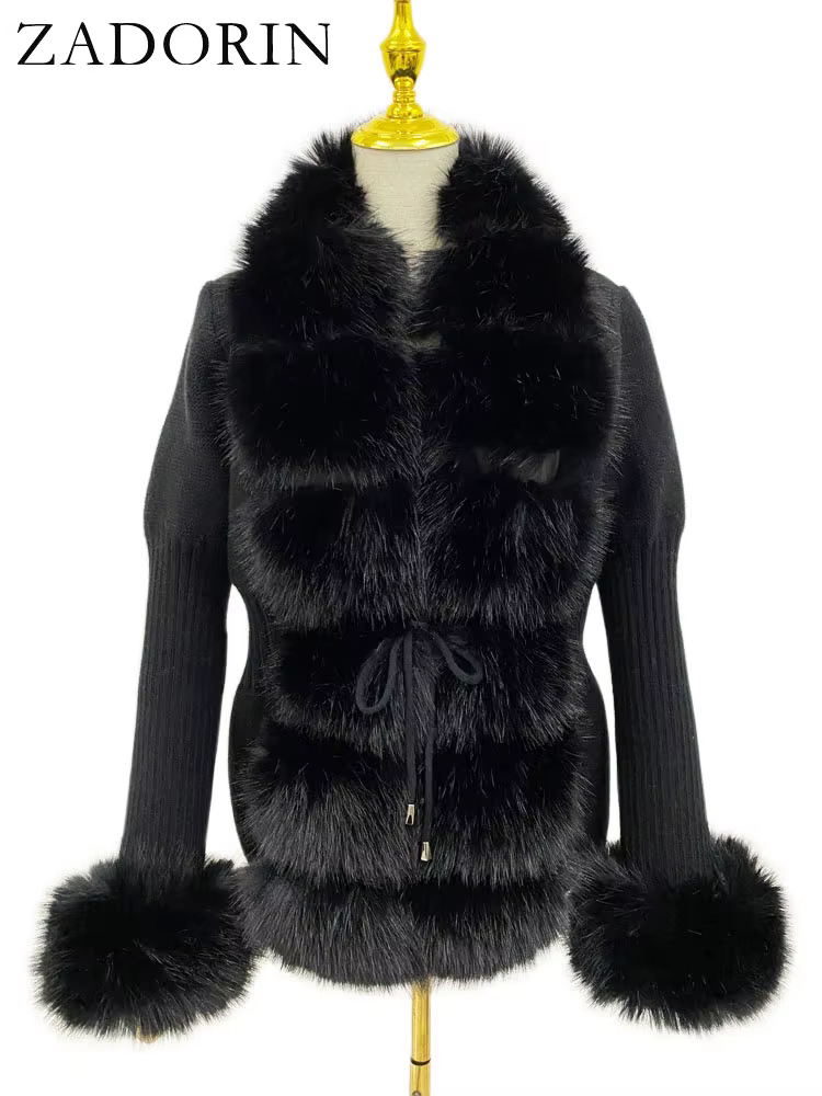 ZADORIN luxe fourrure Cardigan tricot hiver pull femmes élégant détachable fourrure ceinture blanc r