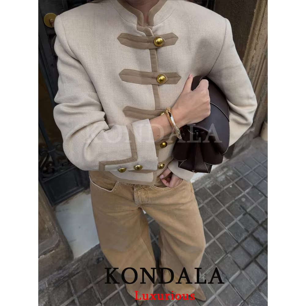 KONDALA – Nouveauté Chic Décontracté : Vestes Courtes Kaki à Poches pour Femme, Manches Longues, Col