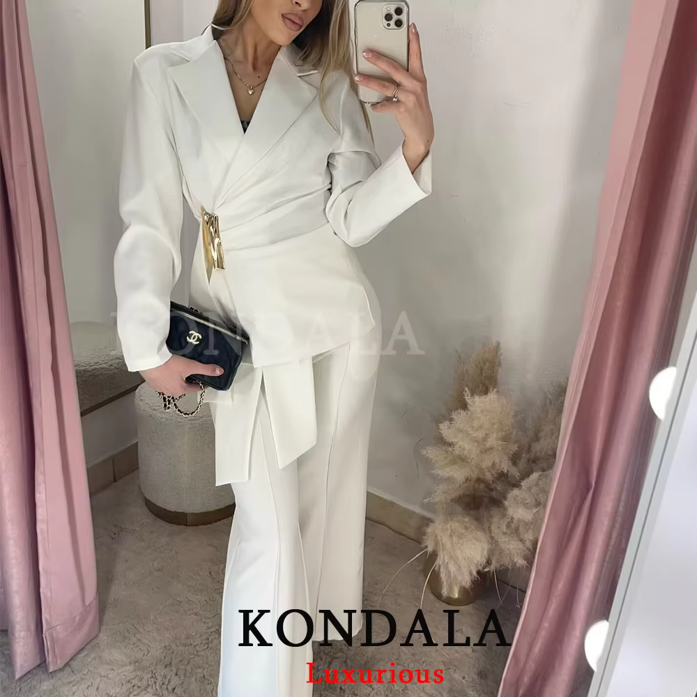 KONDALA – Nouveauté Chic pour Femme : Ensemble Blazer Blanc Uni à Manches Longues et Pantalon Long Z