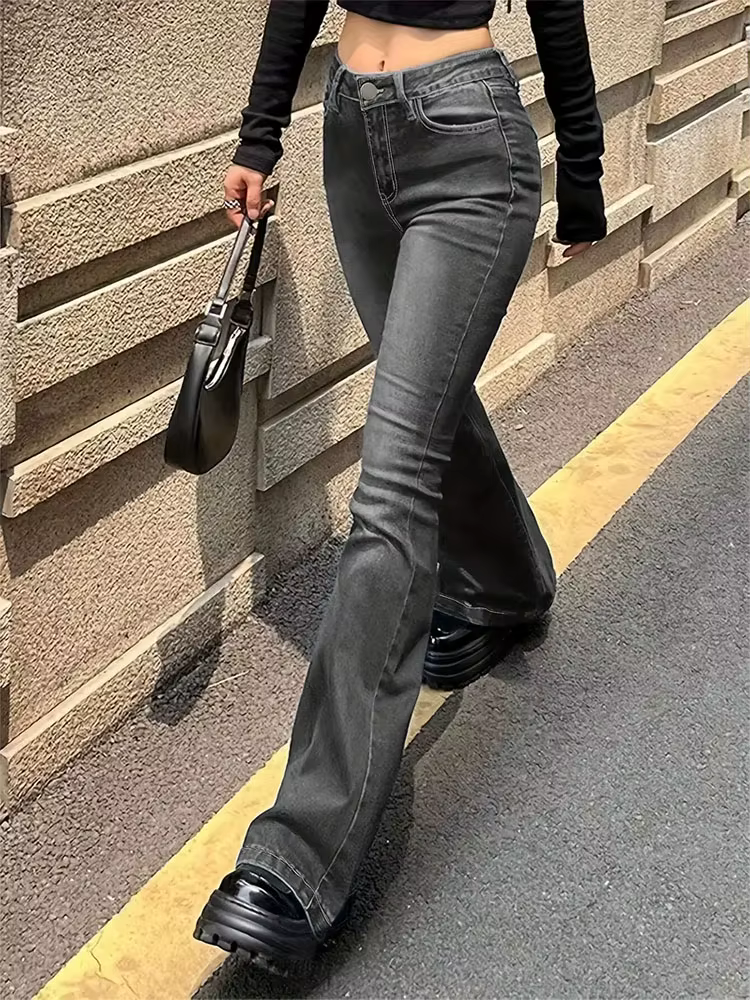 Jean évasé extensible pour femmes, moustache, mode, slim, bas de cloche, taille haute, pantalon en D