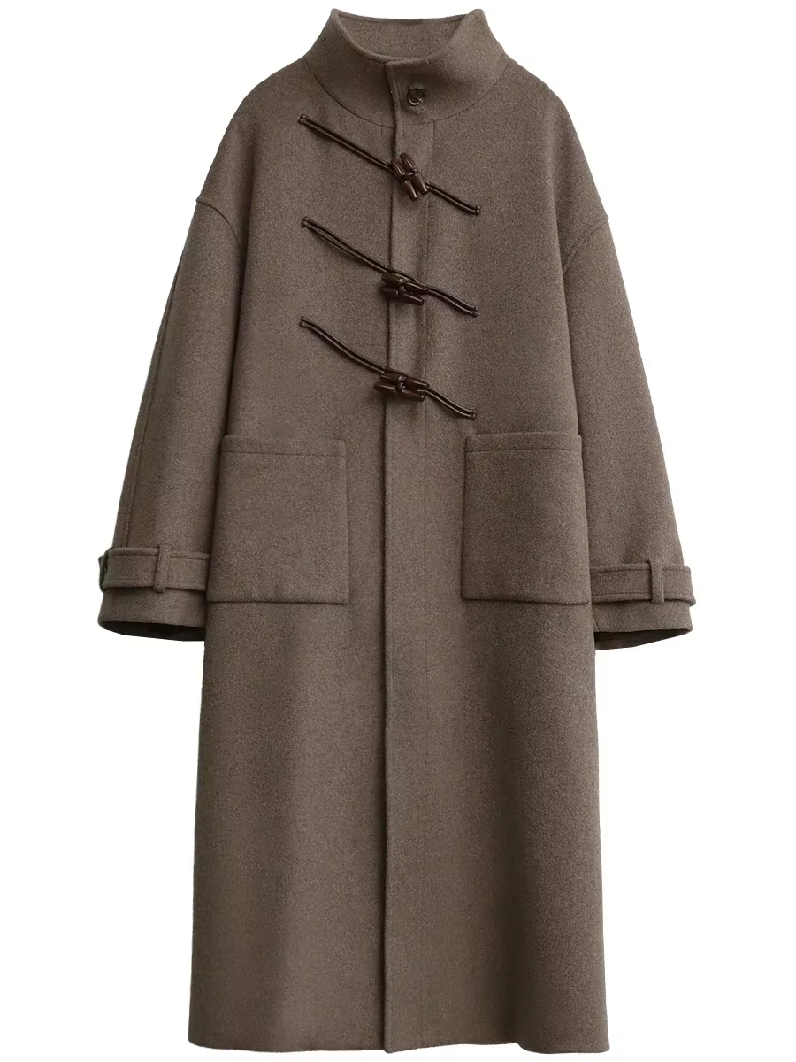 CHIC VEN-Pardessus long en laine boutonné pour femme, col montant, corne de vache, simple boutonnage