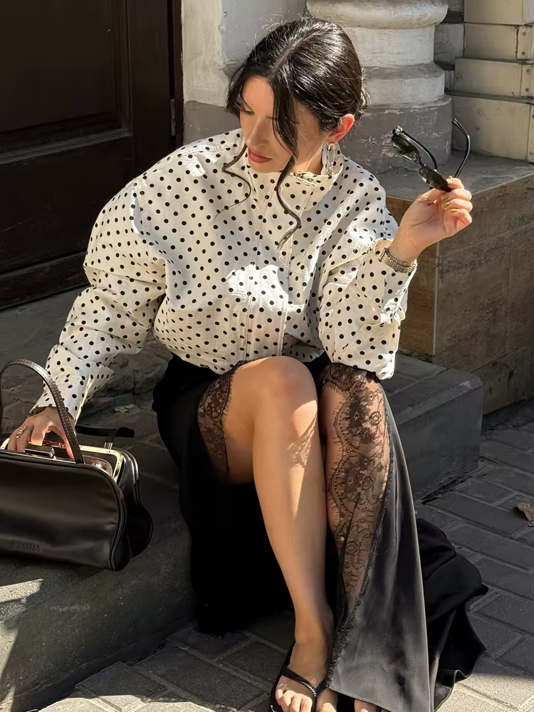 HH mode femmes à pois imprimé manteaux courts automne manches longues col roulé fermeture éclair ave
