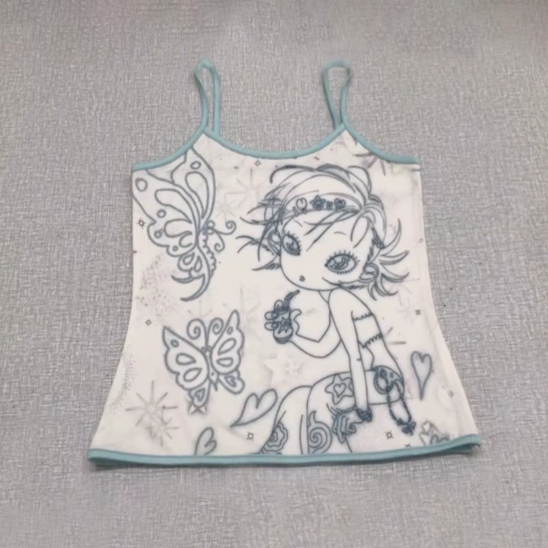 Karr233 Y2k Aesthetics Cami Top, Fairycore Anime Print Camisole, Kawaii Crop Top, Japanese Harajuku 
