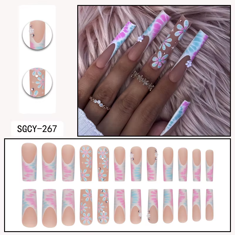 24 cerceaux longs avec motifs français, fleurs, points papillon, faux ongles brillants en diamant, à