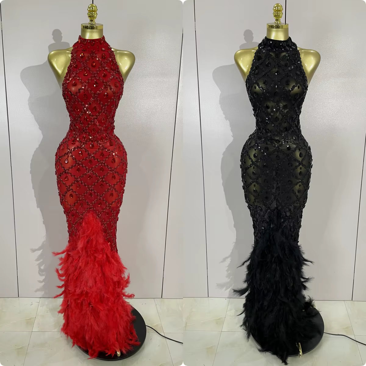 Luxe brillant rouge strass plume Sexy maille voir à travers longue robe femmes anniversaire soirée d