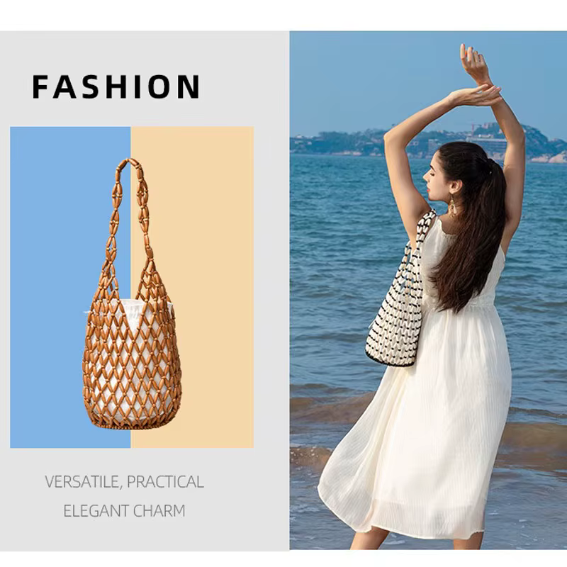 Sac à main tissé pour femmes, sac à perles en bois ajouré, sac seau à bandoulière, sac à main de pla