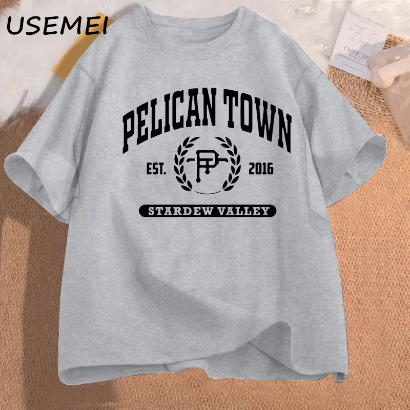 T-Shirt à Manches Courtes en Coton pour Femme, Vêtement Esthétique, Imprimé Pelican Town