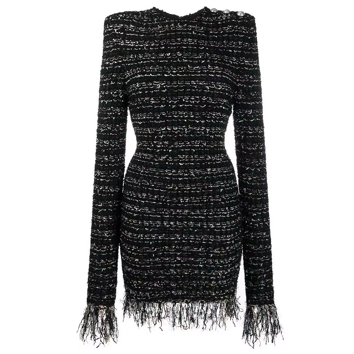 S-XL haute qualité mode nouvelle rayure élastique tweed tissu col rond manches longues frange dentel