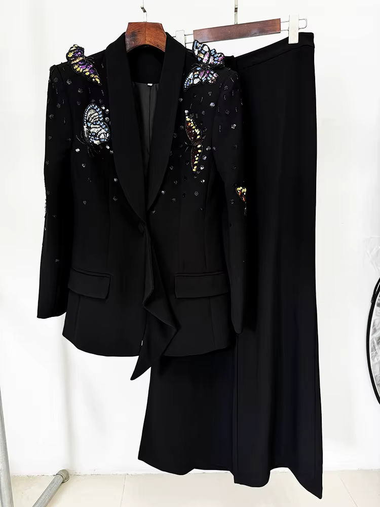 Blazer perlé papillon 3D pour femme, ensemble pantalon large, nouvelle mode, designer, piste trempée