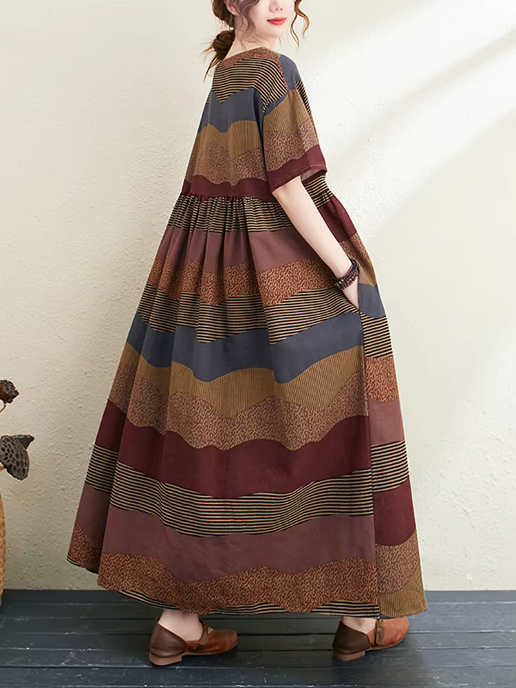 Nouvelle Robe Longue d'Été 2026 en Coton et Lin à Manches Courtes, Imprimé Rayé Vintage, Élégante po