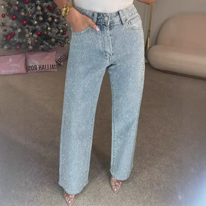2025 femmes jean droit diamants pantalon Stretch taille haute lavé maman jean Y2k Streetwear pantalo