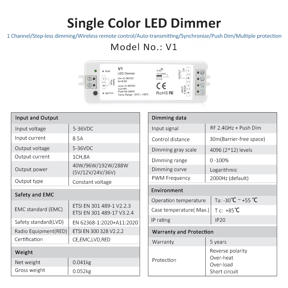 Variateur LED V1 12V 24V 36V RT6, 4 zones, bande LED monochrome, Kit de gradation, télécommande sans