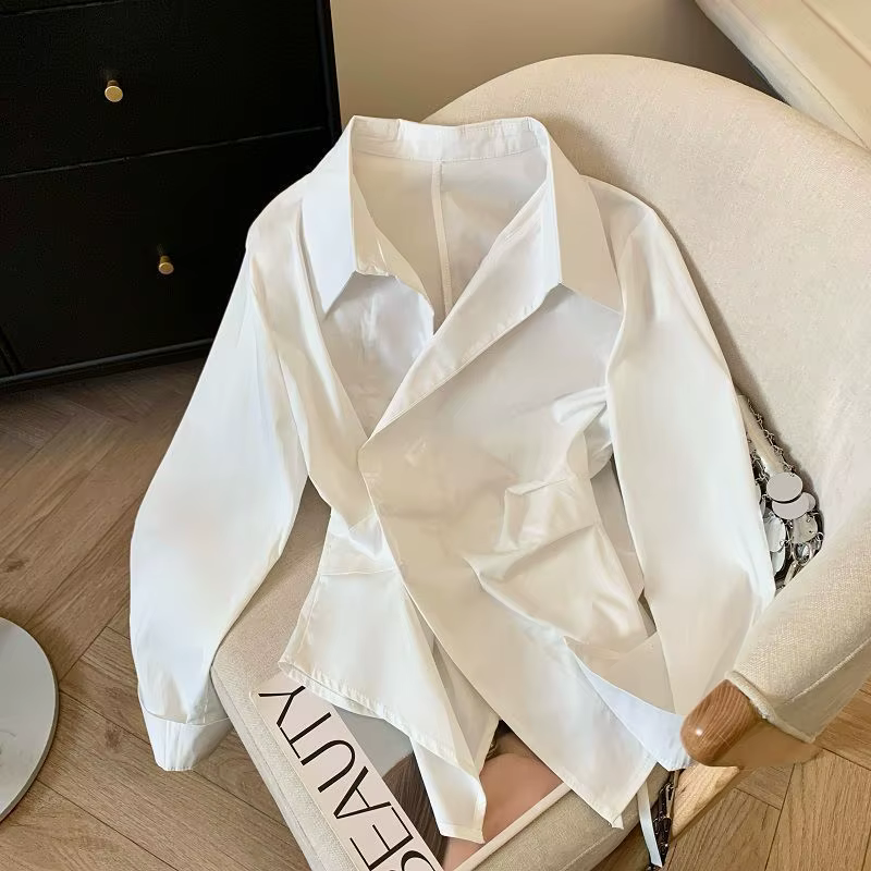 Polo à manches longues irrégulières pour femmes, tunique blanche élégante, haut basique, chemisier,