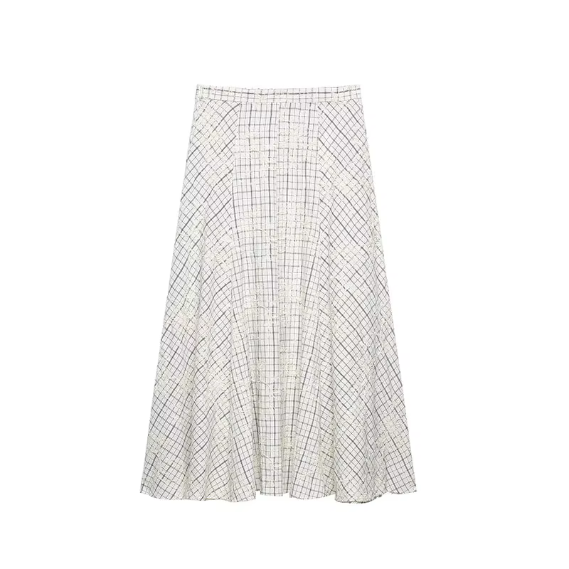 TFAFXY 2026 Ensemble d'été pour femme : Blouse brodée à carreaux avec nœud et jupe longue midi coupe