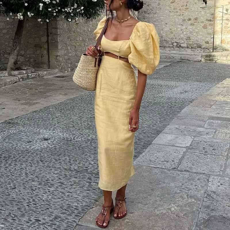 Robe de soirée à manches bouffantes pour femmes, taille creuse, robe d'été élégante, couleur unie, c