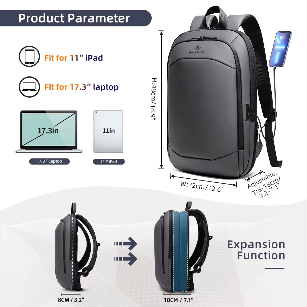 HK Business sac à dos pour hommes 17 pouces sac à dos pour ordinateur portable avec Port USB mince e