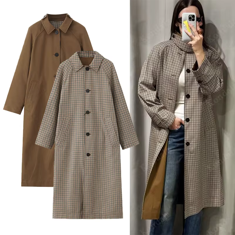 Vestes longues à carreaux Double face pour femmes, Trench-Coat à manches longues et simple boutonnag