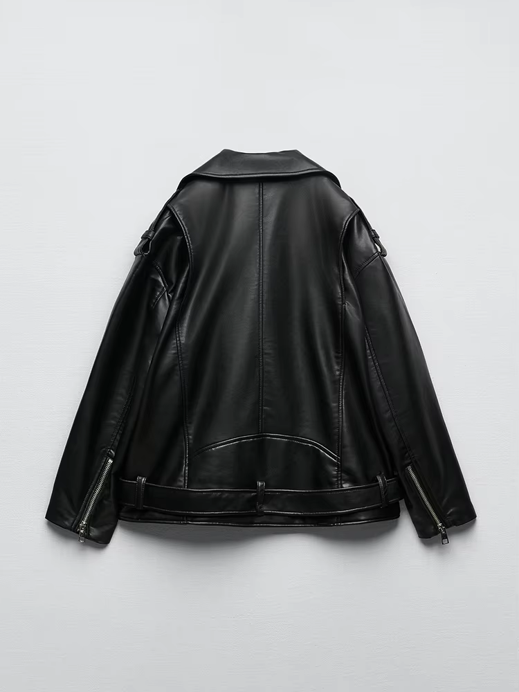 Ailegogo femmes ample moto motard noir Pu Faux cuir veste avec ceinture printemps automne femme mant