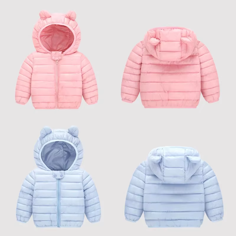Mignon bébé filles vêtements d'hiver enfants légers vers le bas manteaux avec oreille à capuche prin