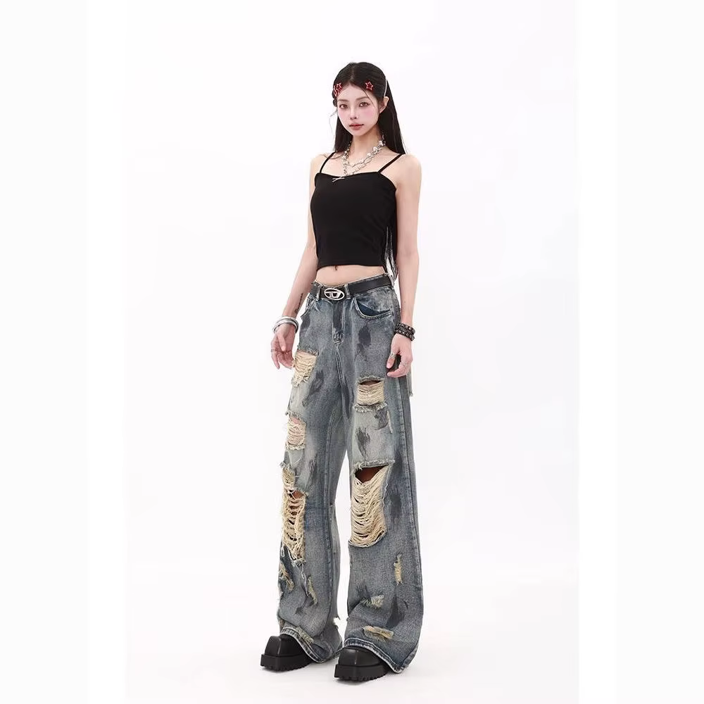Jean ample bleu déchiré style Y2K rétro américain taille haute tendance pour hommes et femmes, coupe