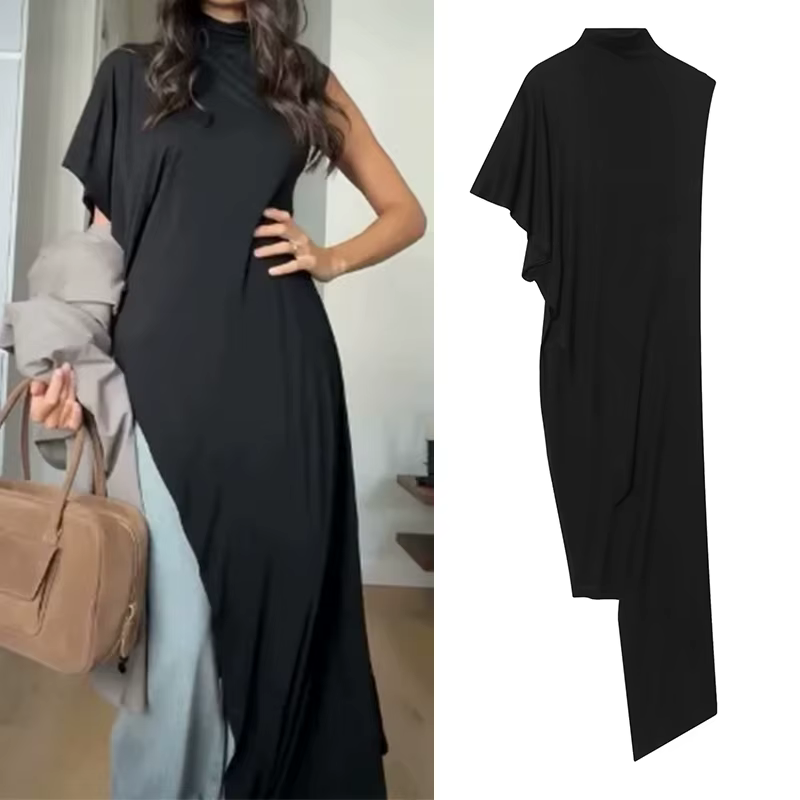 Haut plissé asymétrique noir pour femme, nouvelle collection Printemps-Été 2026, élégant et chic, po