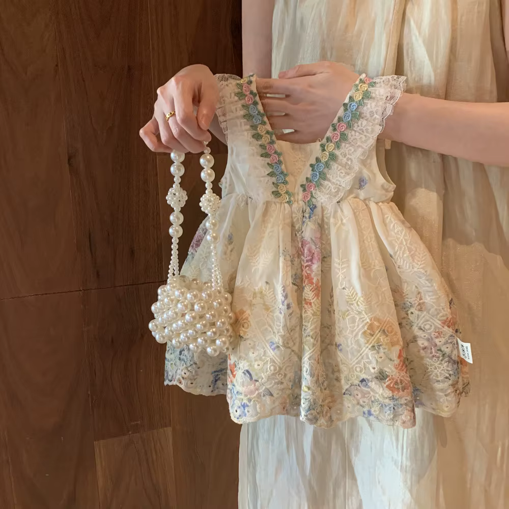Mode 2-7 ans fille imprimer dentelle sans manches gilet princesse robes été Beige fleur enfants vête